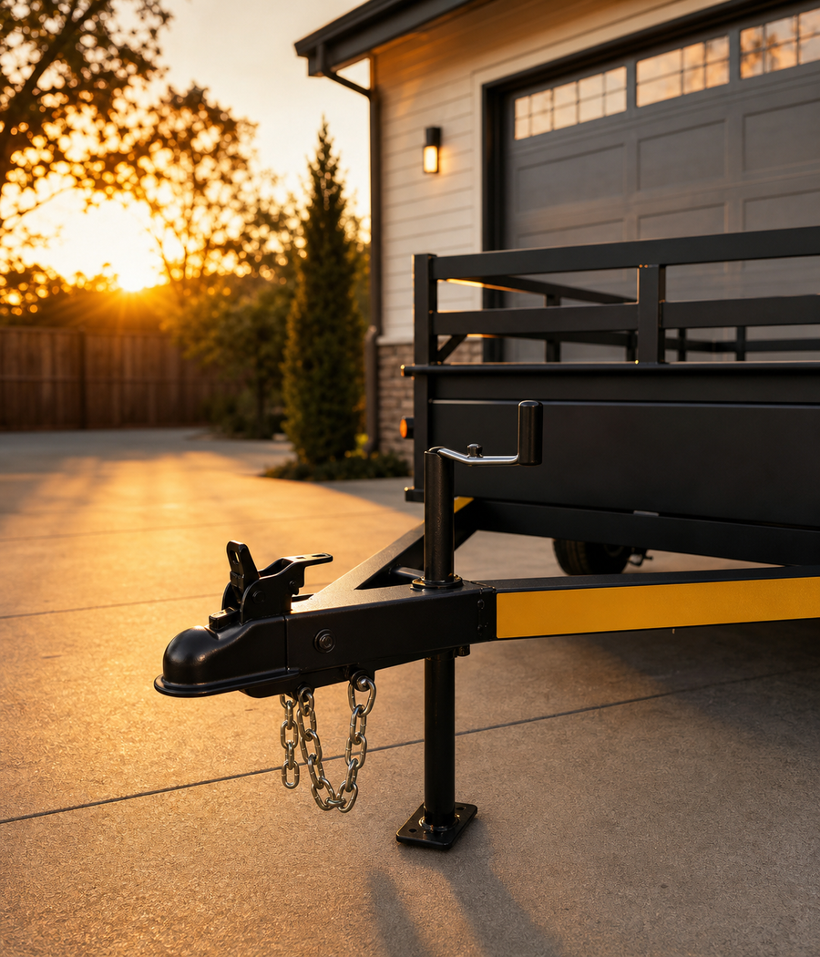 Trailer parked in a driveway at golden hour, hitch coupler in focus